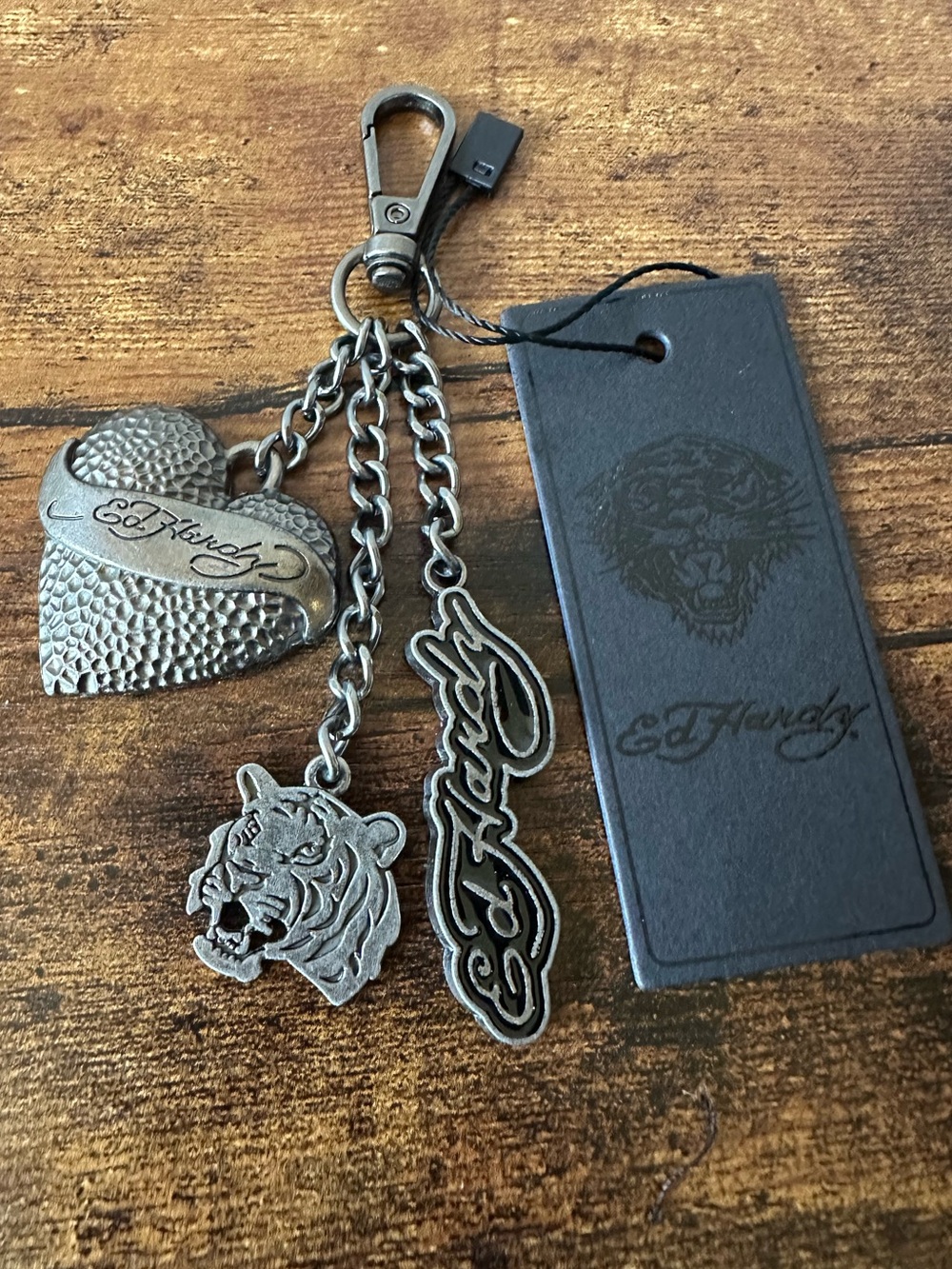 Ed Hardy Silver-Tone Bag Charm Keychain w/ Metal Heart Tiger & Script Charms NWT